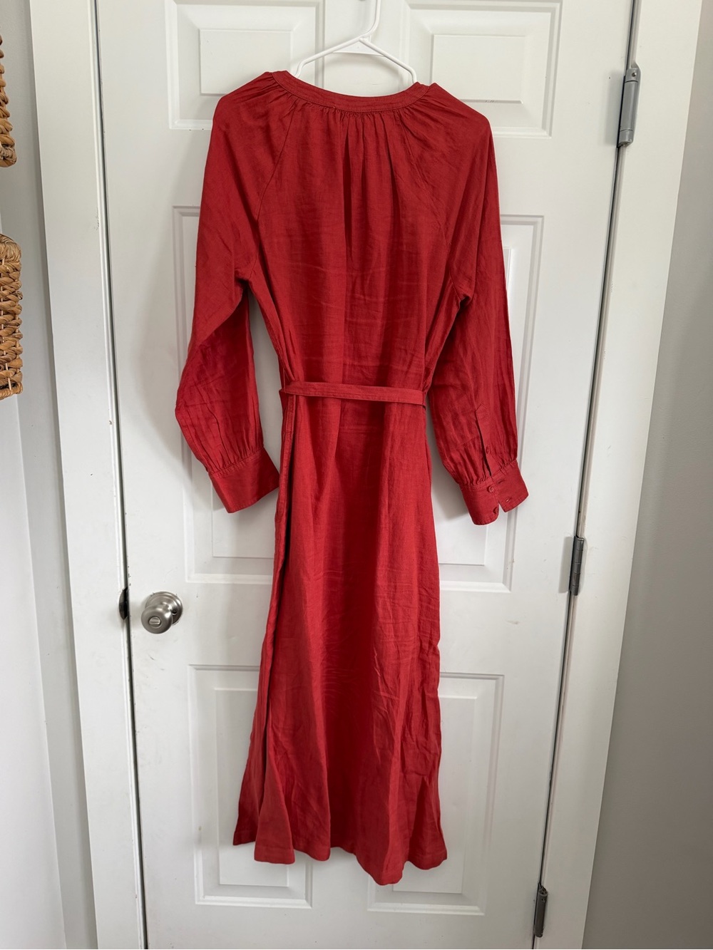 J. Crew Crimson Red Long Sleeve Belted Maxi Dress - linen dress - Picture 5 of 6